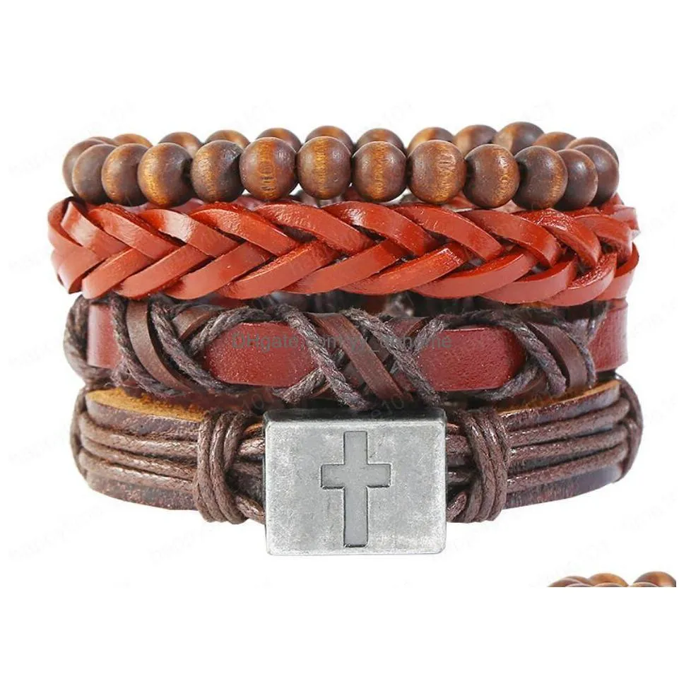 Charm Bracelets Mans Cowe Leather Bracelet Diy Hand Woven Beading Mtilayer Alloy Cross Combination Suit Size Adjusted 4Styles/1Set D Dhrze