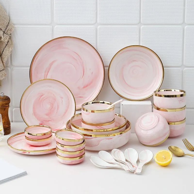 Set di stoviglie Set da tavola da pranzo Piatti e piatti Piatto occidentale in marmo rosa Phnom Penh Bowl2022