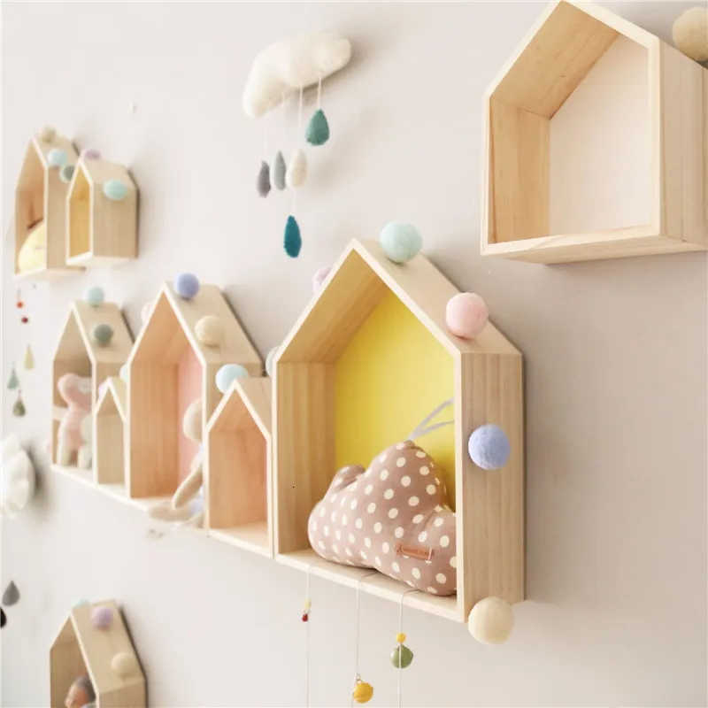 Novelty Items Nordic Wall Shelf Display Hanging Shelving Kid's Room House Shape Shelf Wooden Shadow Cubby Box Storage Natural Shelves Decor 221129