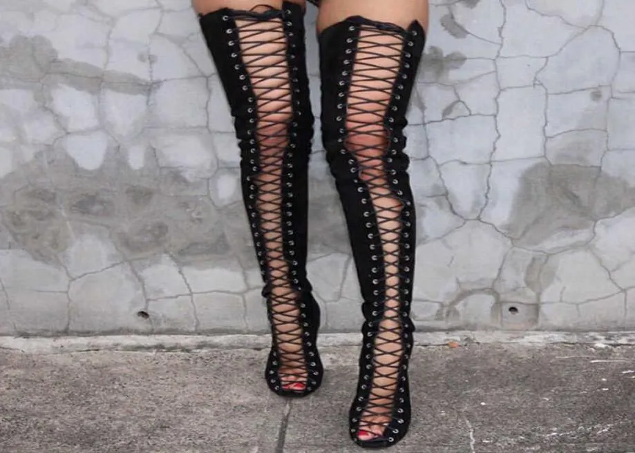 Shoes Women Thigh High Boots Long Western Boots 2021 Spring Summer Boots Peep Toe High Heels Sexy Crosstired Black Summer Shoes Y8906407