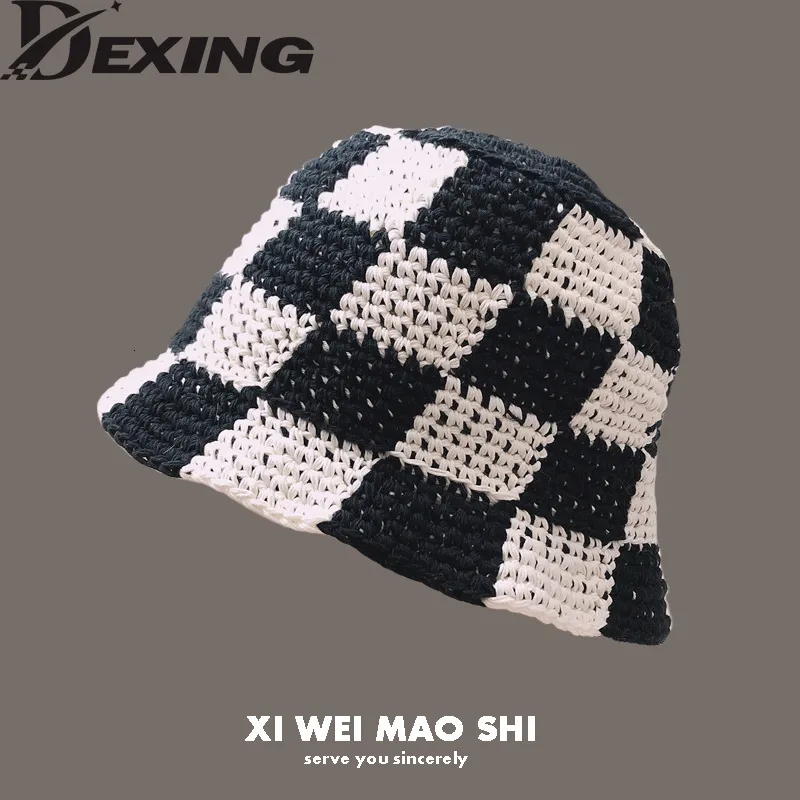 Wide Brim Hats Bucket handwoven cotton yarn Crochet Spring Summer Soft Sun Hat Women Beach Plaid Bob Fisherman Cap 221128