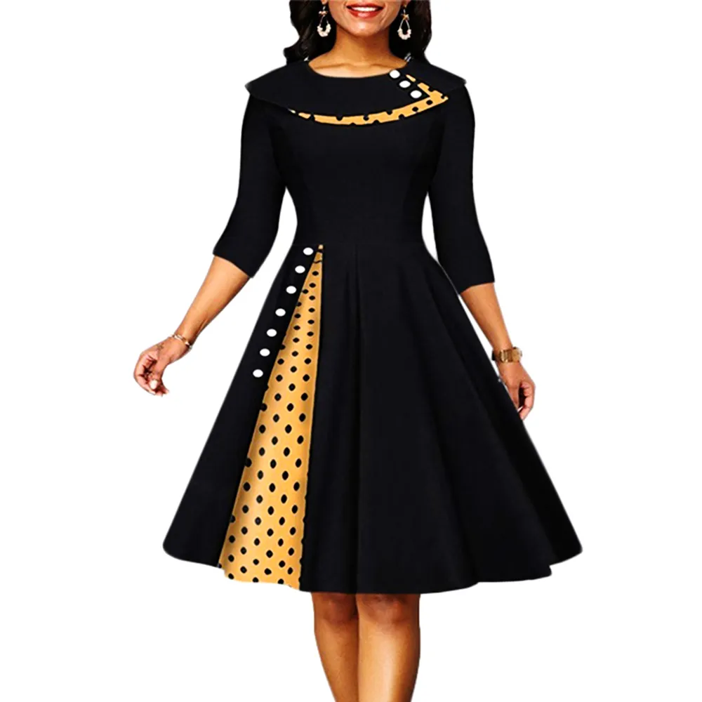 Festklänningar vintage klänning för kvinnor rockabilly polka dot tryck sexig lapptäck långärmad hög midja swing casual midi vestidos mantel 221128