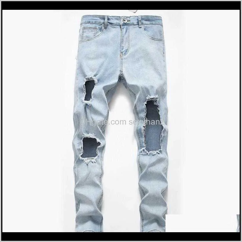 Men's Jeans Apparel Drop Delivery 2021 High Street Stretch Personality Big Hole Tide Wear White Beggar Fashion Mens Clothing Lbzab