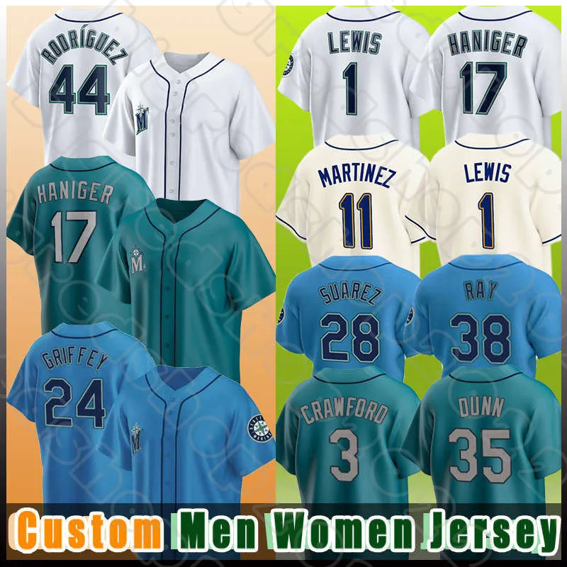 17 Mitch Haniger 24 Ken Griffey Jr Camisas de beisebol Alberto Rodriguez Edgar Martinez Eugenio Suarez Kyle Lewis Andres Munoz Abraham Toro J.P. Crawford Robbie Ray Brash