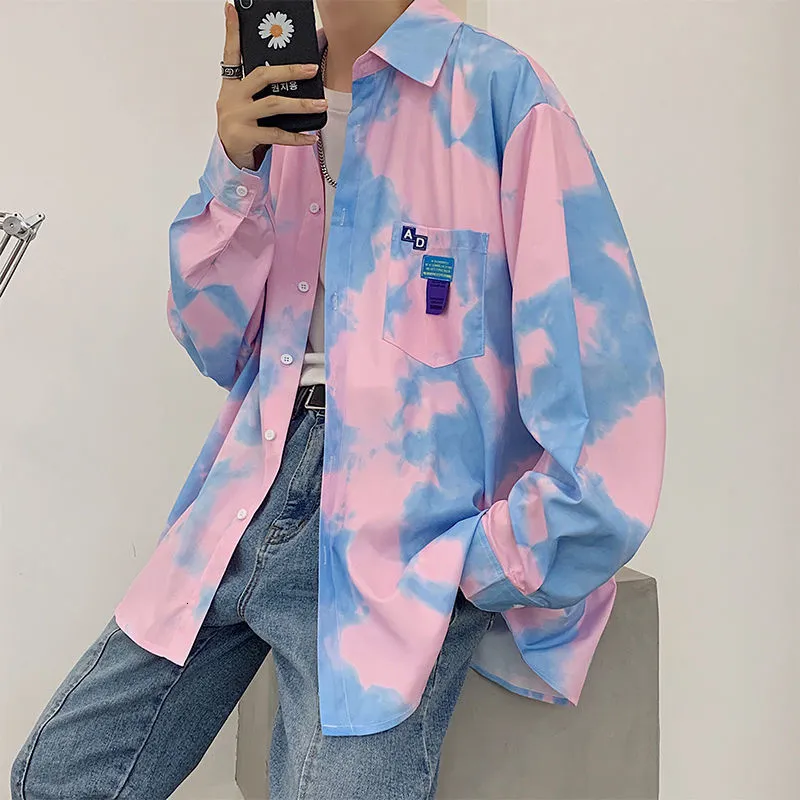 Männer Casual Shirts Privathinker Krawatte Gefärbt Lange Hülse Lose Harajuku Mode Männlichen Blusen Tops Koreanische Kleidung Paar 221128