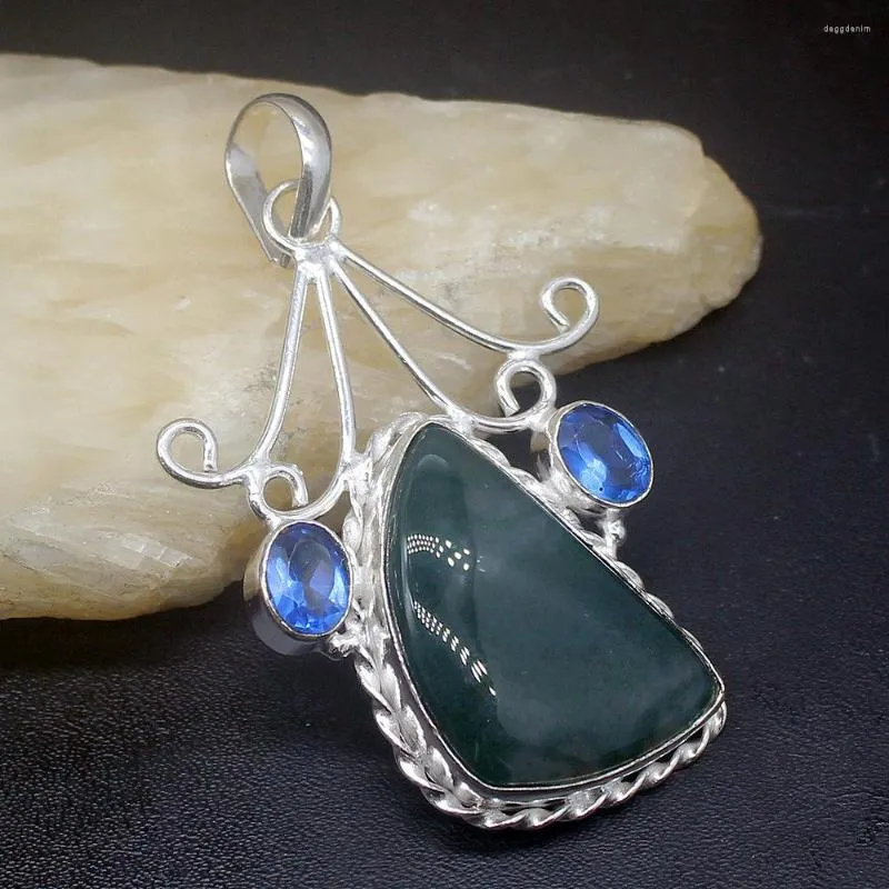 Pendanthalsband GemstoneFactory Jewelry Big Promotion 925 Silver Green Moss Agate Blue Topaz Gemstone Women Dams Gifts Necklace 0608