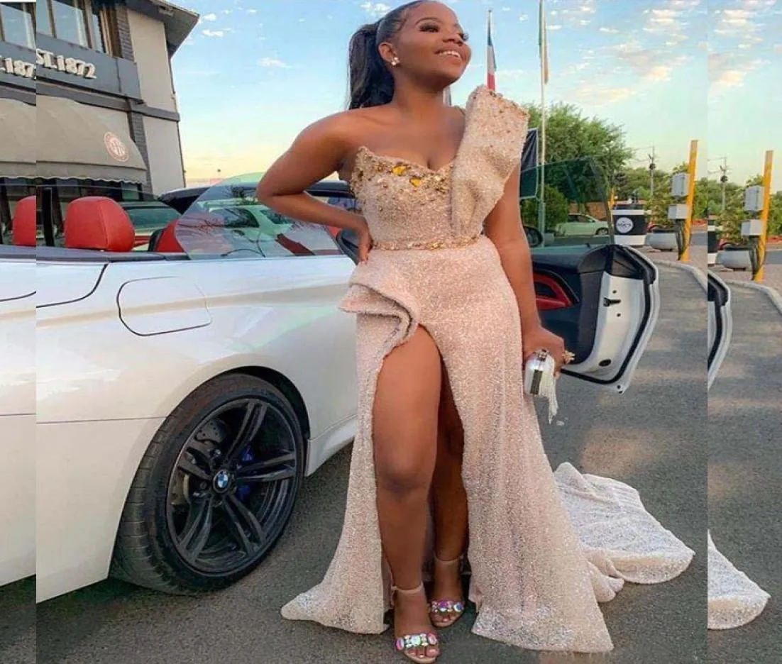 2019 Sexy Sheath Prom Evening Dress Shinny Sequined High Split Formal Party Gown Black Girls Pageant Dresses9069584