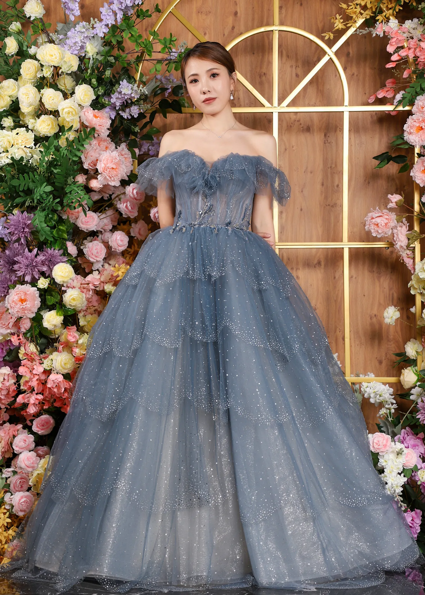 Blue Tulle Off-Shoulder A-Line Empire starry prom dress with Sparkly Sequins - Perfect for Parties, Graduations, and Formal Balls (Style #230217)