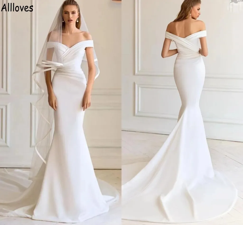 Minimalist Simple Satin Mermaid Wedding Dresses Fashion Boho Off The Shoulder Sexy Plus Size Bridal Gowns Sweep Train Elegant Ruched Trumpet Robes de Mariee CL1517