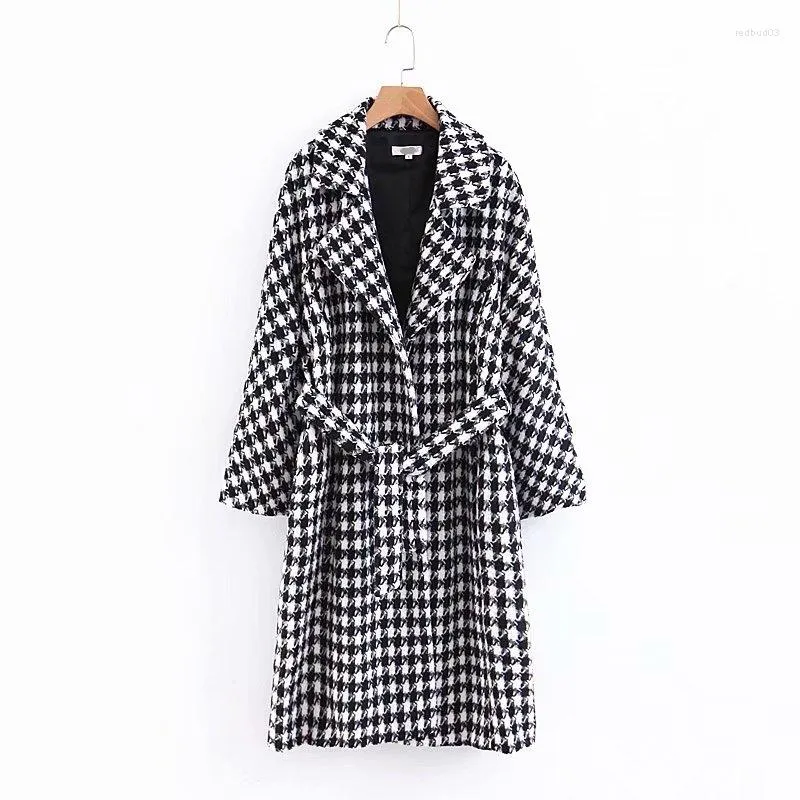 Women's Trench Coats 2022 Women Winter Houndstooth Print Female Fashion Autumn Warm Coat Feminine Adjustable Waist Slim Abrigos Mujer