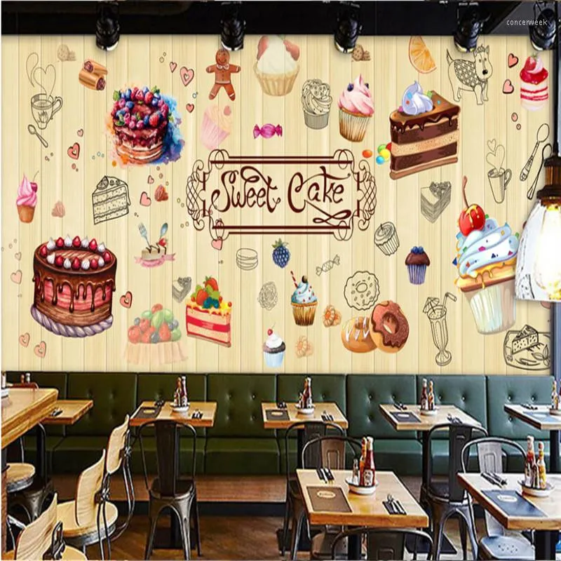 Fonds d'écran dessin animé Cake Sweet Industrial Decor Mural Wallpaper 3D MODERN MODERAT BAKERY BADERY YELLY FORGMENT PAPIER PAPIER PAPIER