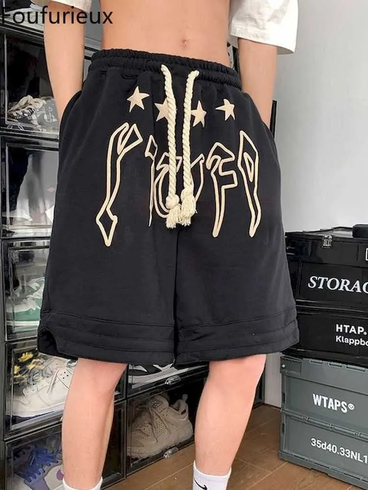 Foufurieux Hip Hop Mannen Shorts Vijf Punt Wijde Pijpen Broek Vrouwen Casual Losse Zomer Paar Amerikaanse High Street Harajuku Mannen Shorts T221129 T221129