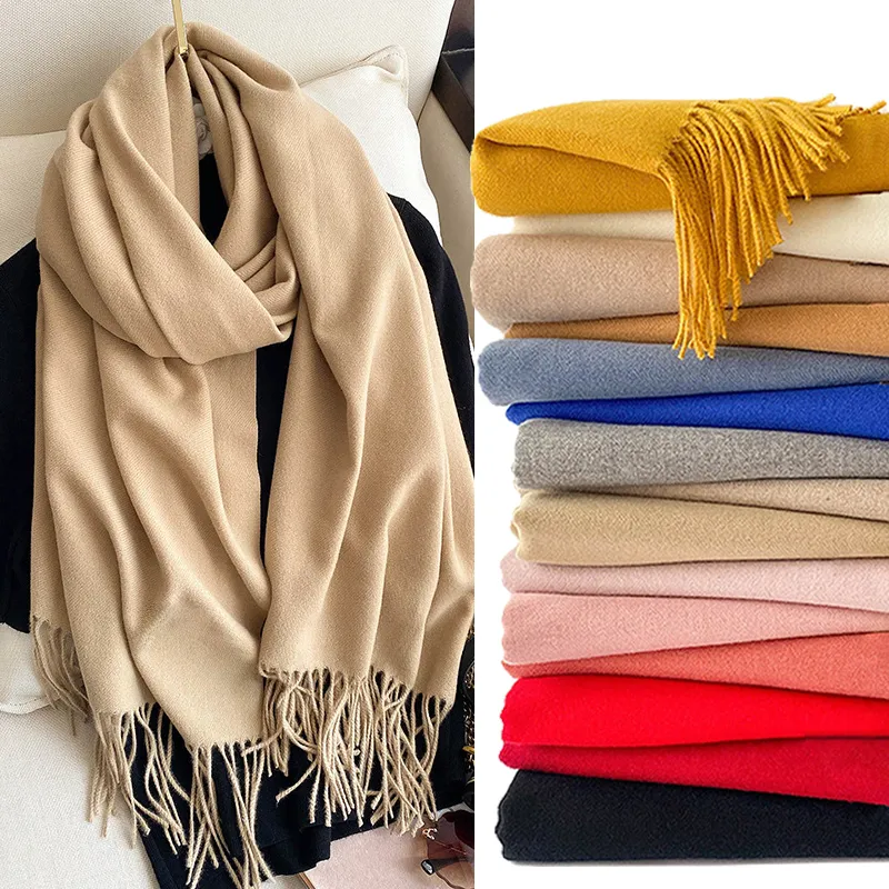 Scarves Winter Scarf Solid Thick Women Cashmere Neck Head Warm Hijabs Pashmina Lady Shawls And Wraps Bandana Tassel 221129