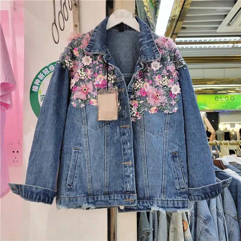 Kvinnorjackor 2022 Autumn Denim Jacket Heavy Industry Sequins Beading Flower Sweet Short Coat Women's Loose Casual Jeana