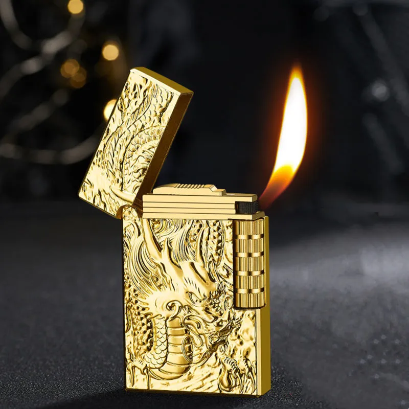 Dragon Gas Lighter Grinding Jet Gas Flint Lighter Butane Metal Emboss PING Bright Sound Cigarette Cigar Lighter Refill