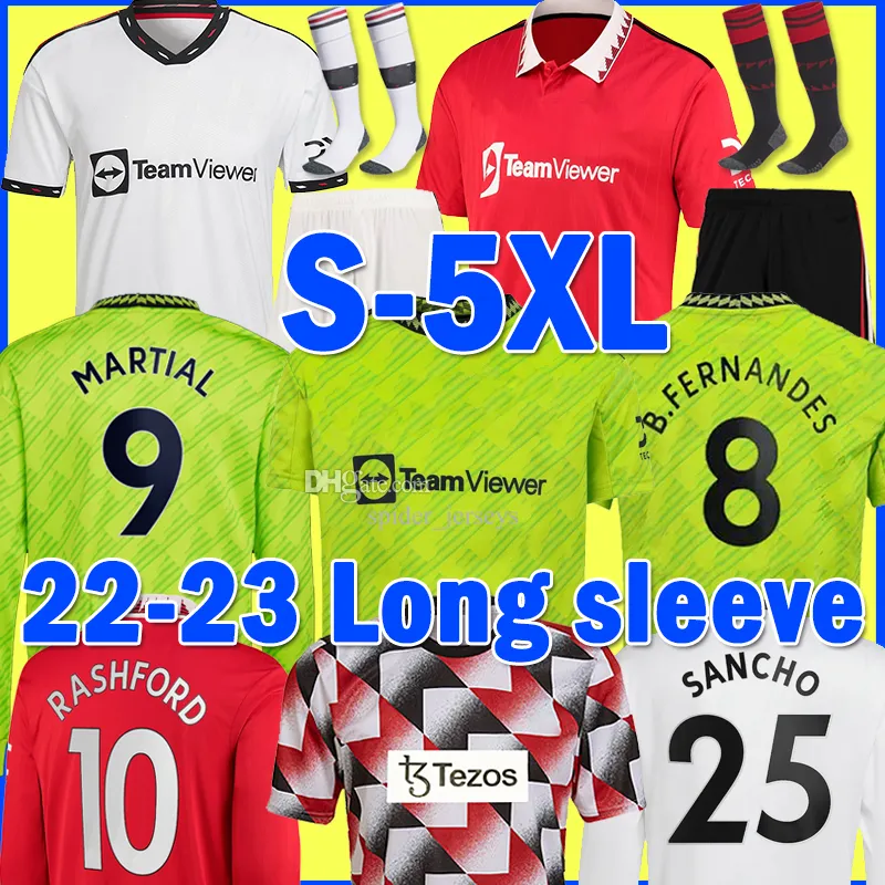4xl 5xl Casemiro Soccer Jerseys 22/23 Sancho Player # 7 Uniforms ￠ manches longues Rashford Shaw Pogba Utd Martial B. Fernandes Mans Lingard Football Shirt 2022 2023 Men Kid Kit