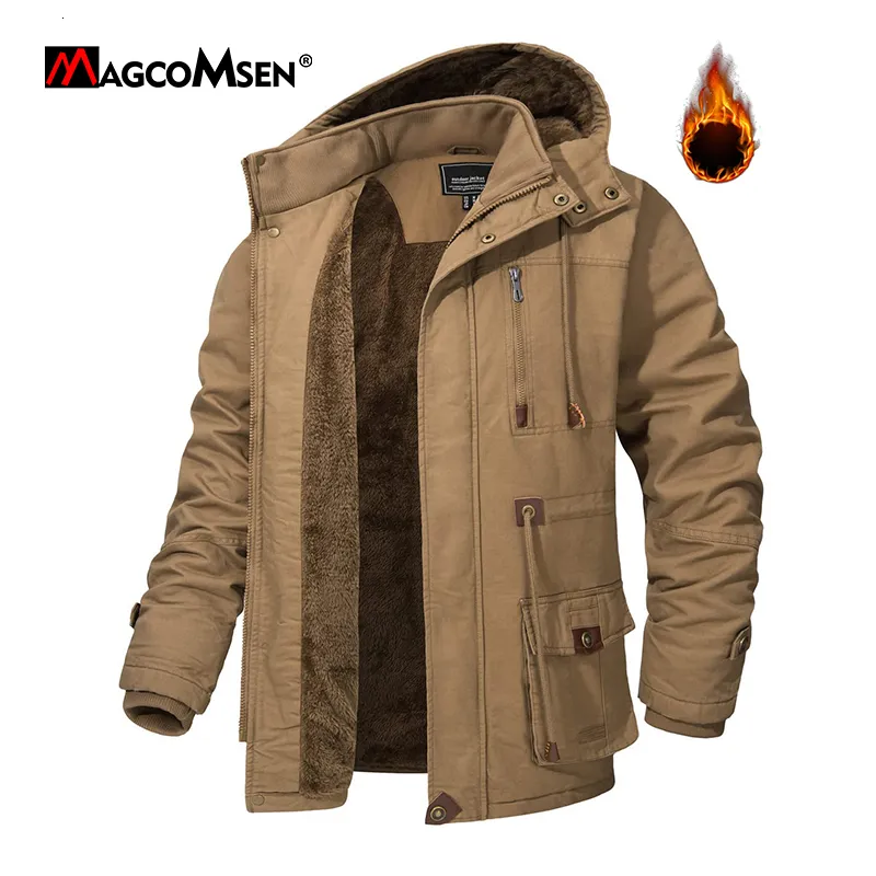 Mens Down Parkas MAGCOMSEN Cotton Cargo Jacket Military Army Coat Winter Thick Fleece Warm Overcoat Windbreaker Male Outerwear 221129