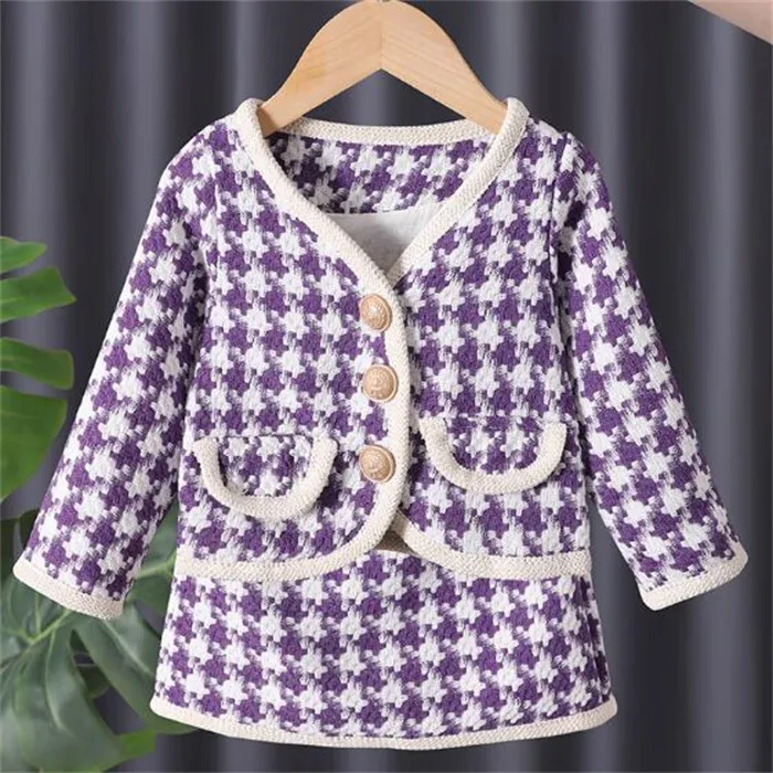 2022 Kids Girls Clothing Sets Retro Plaid Children Girl Cardigan Coat Skirt 2pcs Suit Autumn Winter Infant Toddler Tweed Outfits