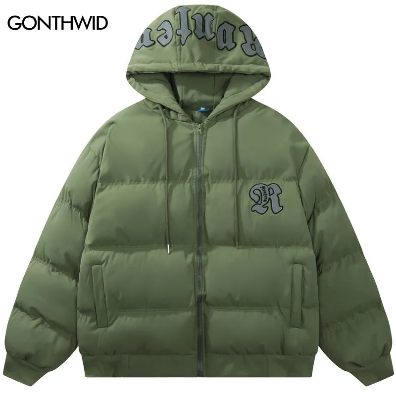 Mens Down Parkas Winter Hooded Jackets 스트리트웨어 자수 편지 두껍게 따뜻한 거품 패딩 단색 코트 Harajuku Puffer Outwear 221129