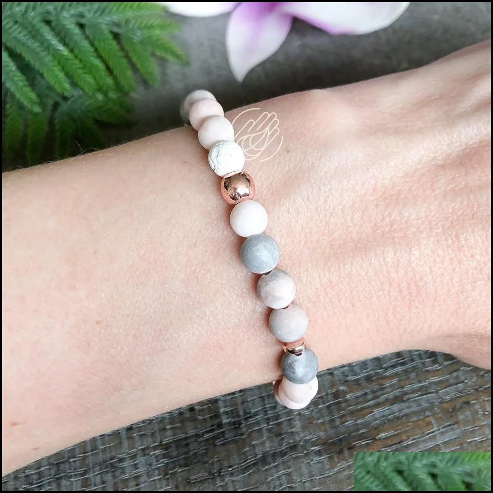 Kościa różowa Zebra Jasper Natural Stone Bransoletka gojenie Kryształy Mala Yogi dla kobiet olejek eteryczny z Lava Dyfuzor Drop dhgar3026