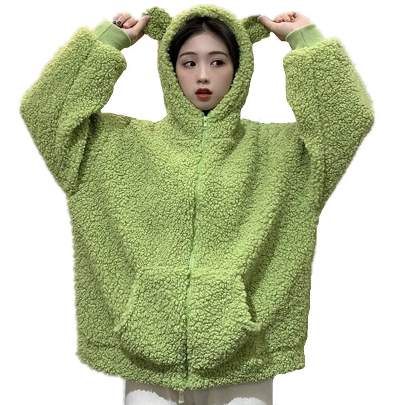 Kvinnors hoodies tröjor Autumn Winter Women Avocado Color Zip-up Sweatshirt Kawaii Fleece Faux päls långärmad huvtredd nallebjörn öron mjuka 221129