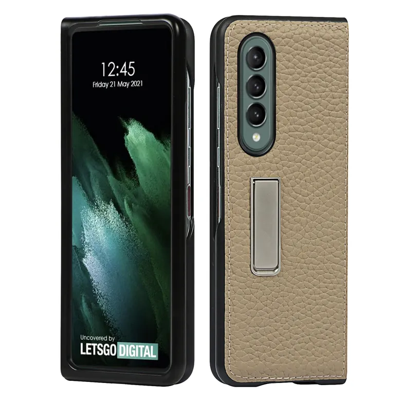 Genuine Lychee Grain Leather Phone Cases for Samsung Galaxy Z Fold3 5G Magnetic Invisible Bracket Business Solid Color Protective Shell Shockproof