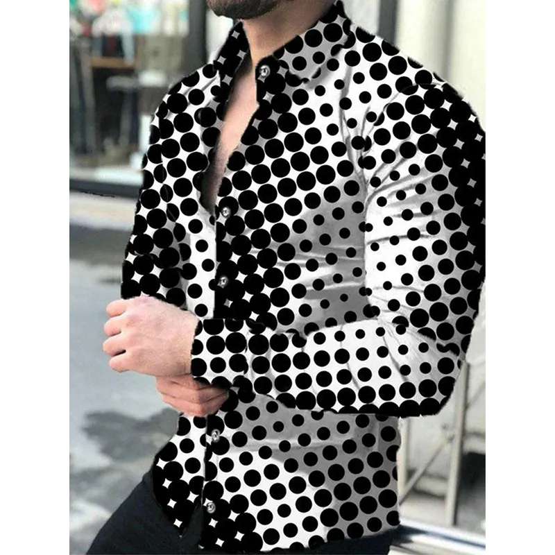 Мужские повседневные рубашки осенние моды роскошные социальные мужчины выключают ошейники на пуговицах точки рубашки Припечаток с длинным рукавом мужская одежда Кардиган 221128