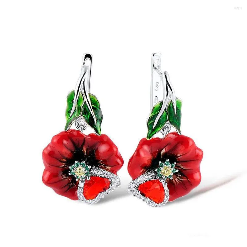 Boucles d'oreilles cerceau classique pêche coeur femmes fleur Zircon émail à la main suspendus balancent femme bijoux vente entière