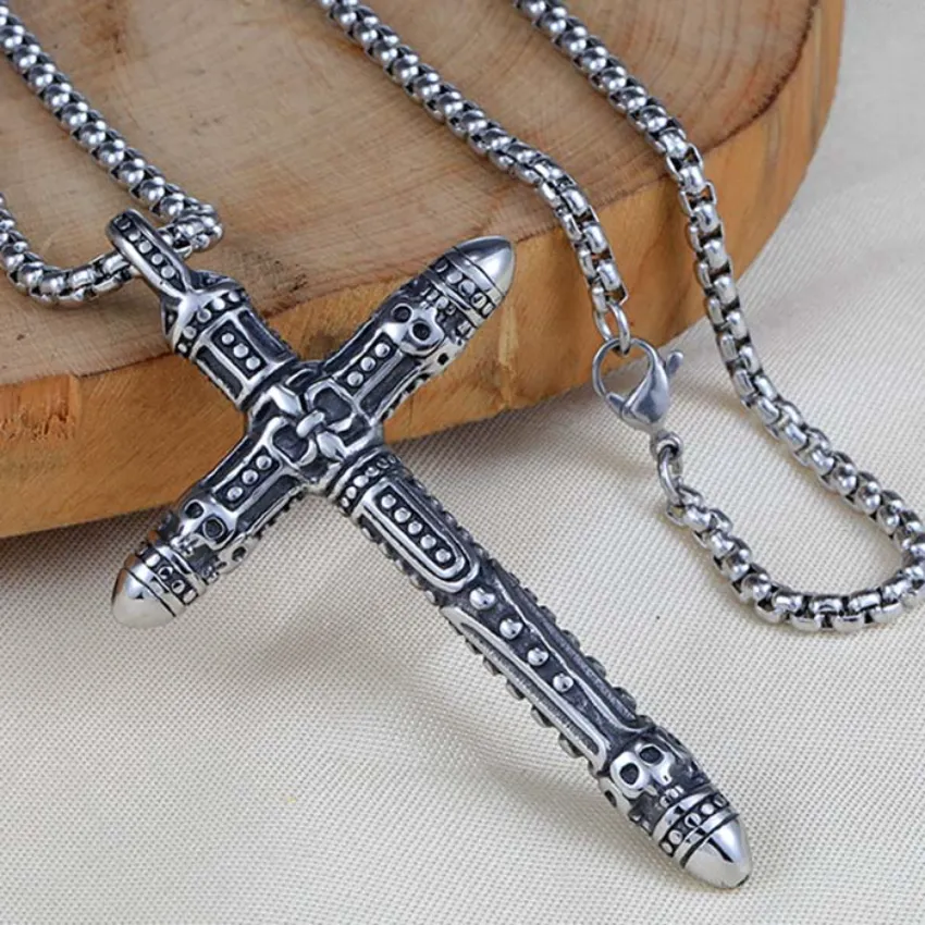 Punk Schädel Kreuz Halskette Anhänger Keltischen Edelstahl Antike Silber Halsketten Männer Hip Hop Feine Mode Schmuck