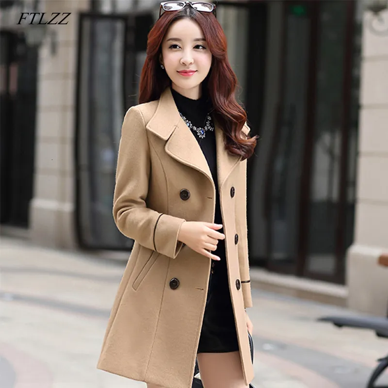 يمزج الصوف النسائي Ftlzz Women تمزج معطف طويل دافئ خريف شتاء أنثى ضئيلة طية صدر السترة en overcoat cashmere الملابس الخارجية 221129