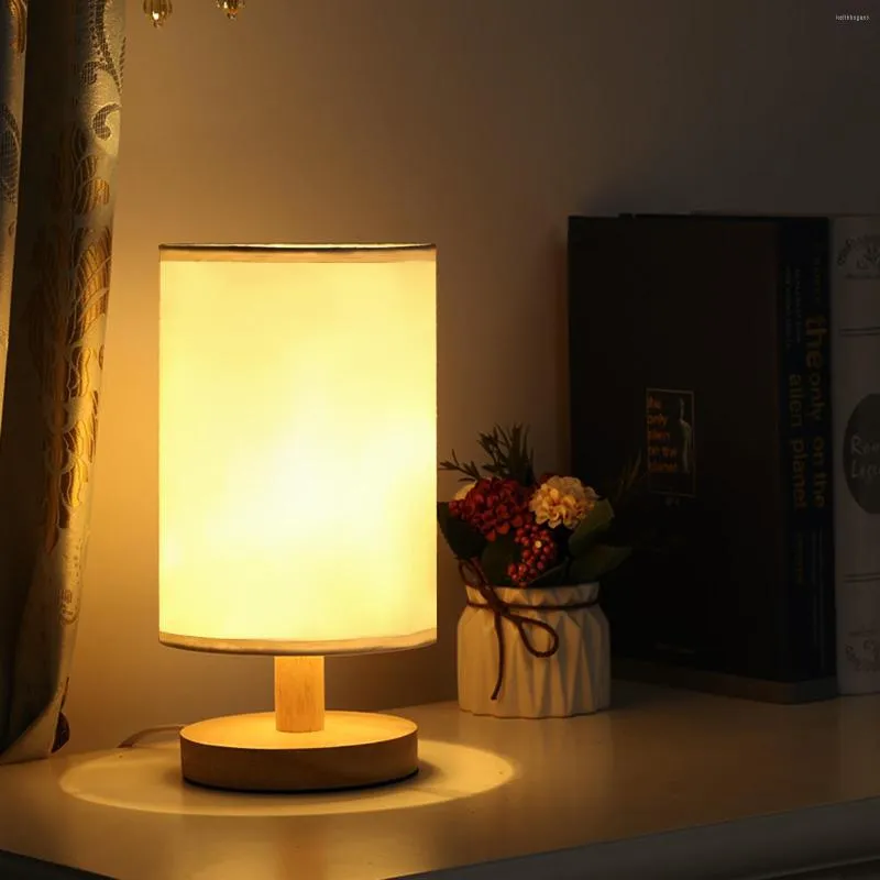 Table Lamps USB Lamp Bedside Wooden Modern Nightstand Night Dimmable Brightness Time-Set With Round Fabric Lampshade