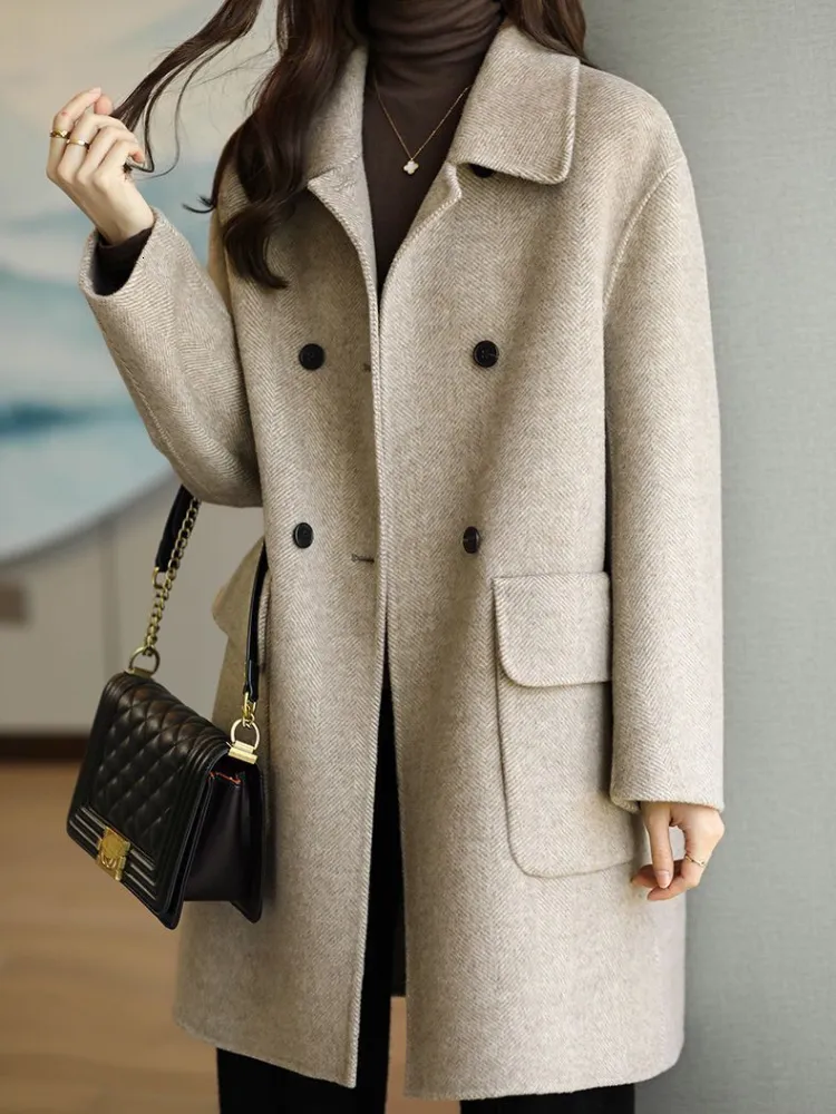 Women's Wool Blends en Coats Overcoat Female Turn-down Collar Casual Medium Length Lady Autumn Winter Jackets Woman 221129