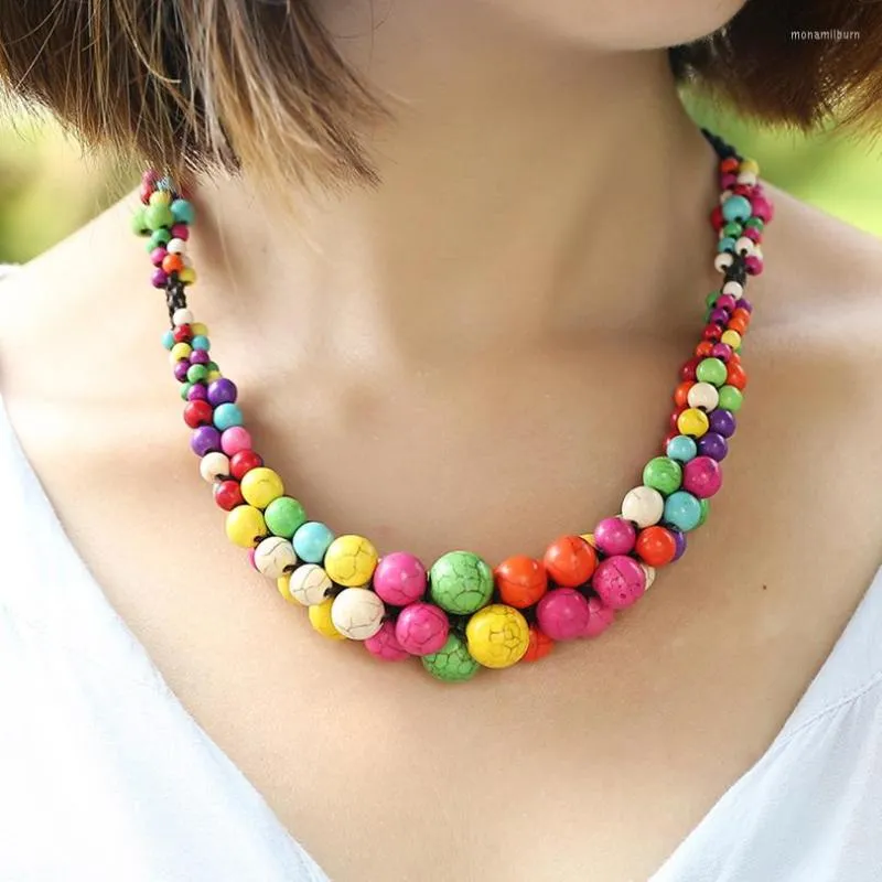 Choker Boheemse stijl Semi-Impecious stenen turquoise sleutelbeen ketting Thaise wax draad handgeweven korte ketting vrouwen