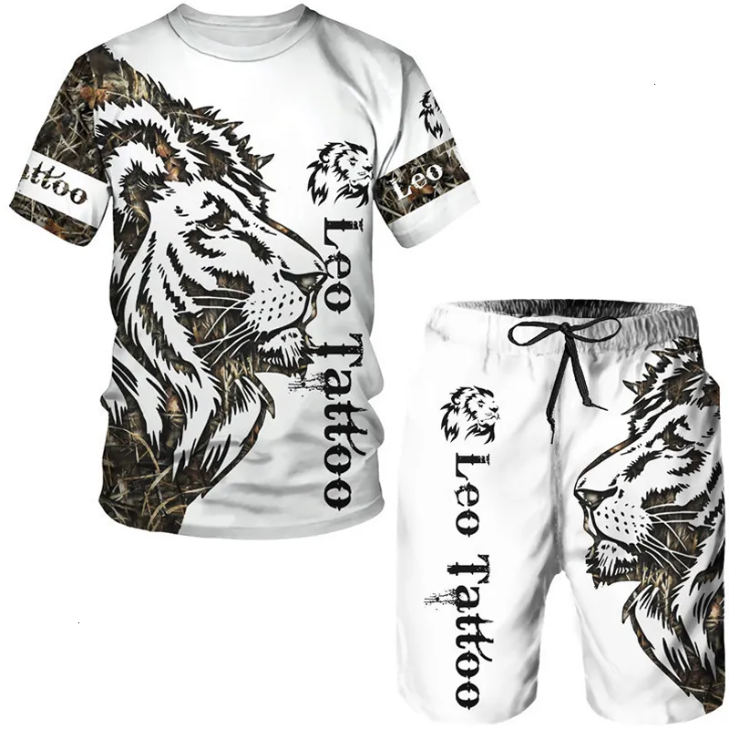 Men's Tracksuits Summer Animal Tattoo White Short Sleeve T-Shirt The Lion 3D Printed O-Neck Tees Shorts Suit Casual Sportwear Tracksuit Set 221128