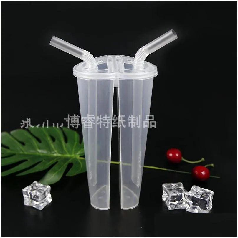 600ml heart shaped double share cup transparent plastic disposable cups with lids milk tea juice for lover couple 361 s2