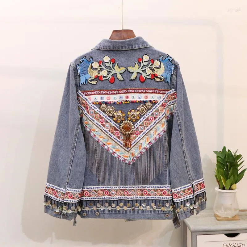 Kvinnans jackor 2022 Autumn Women Denim Jacket Embroidery Tassel Coat BF Splice Jean Female Loose Casual Outwear High Quality Coats R947