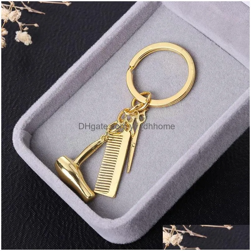 Nyckelringar Creative Keychains hårtork sax Comb Pendant Gift Nyckelringar Holder smycken gåvor släpp leverans dhwzr