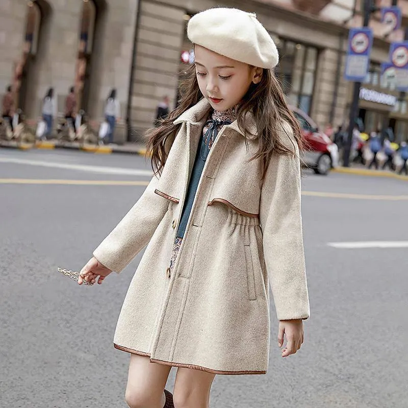 Korean Kids Girls Winter Fur Hooded Warm Long Woolen Coat Jacket Trench  Parka #