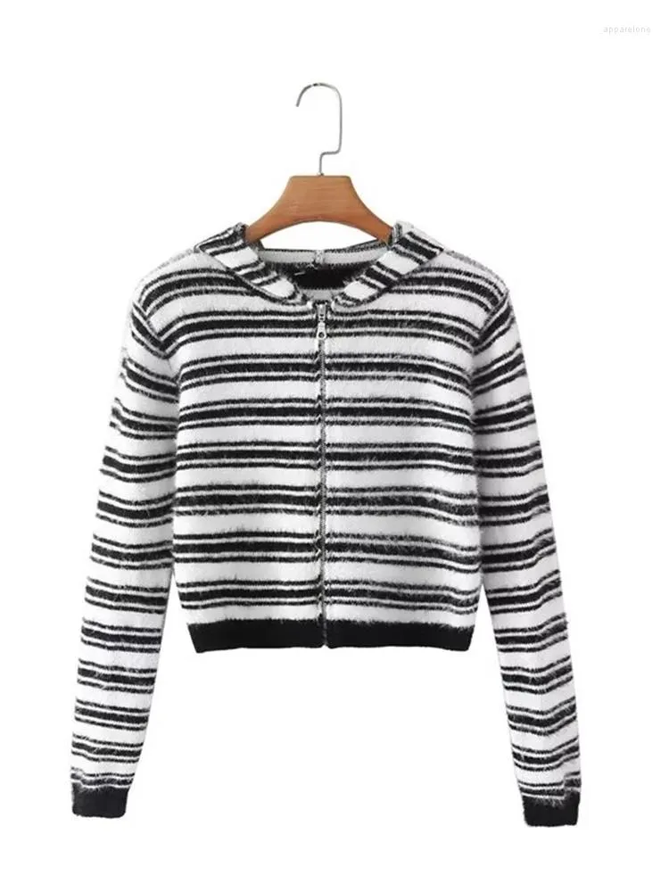 Femmes tricots ZXQJ femmes 2022 mode noir et blanc rayures tricot à capuche Cardigan pull Vintage à manches longues fermeture éclair vêtements d'extérieur pour femmes