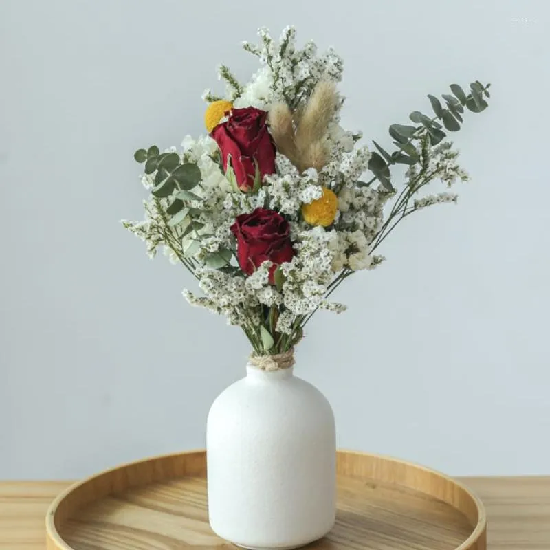 Decorative Flowers 1 Set Mini Bouquet With Vase Preserved Dried Mixed Rose Daisy Babysbreath Flower Home Desktop Office Table Decoration
