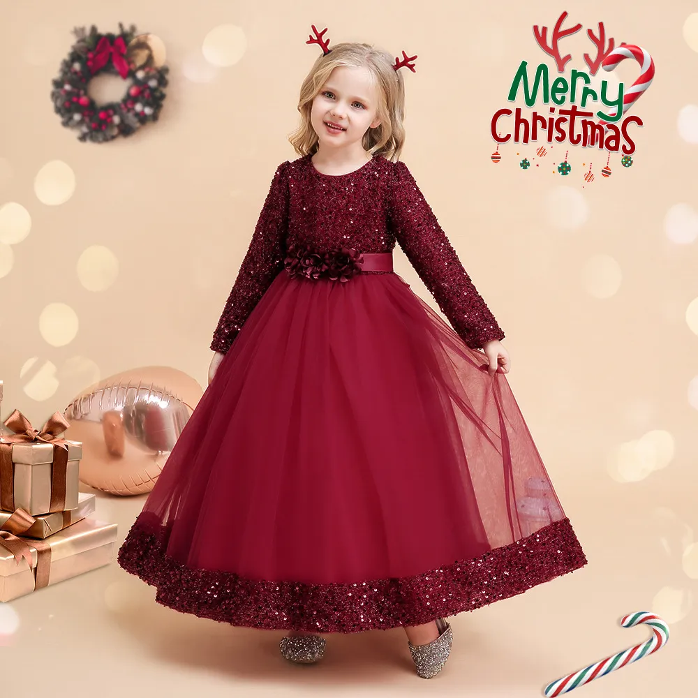strapless open back dress Long Sleeves Christmas Flower Girl Dress Floor Length Button Draped Tulle Ball Gowns for First Communion Pageant Birthday Party, Navy Blue / 10 main image 1