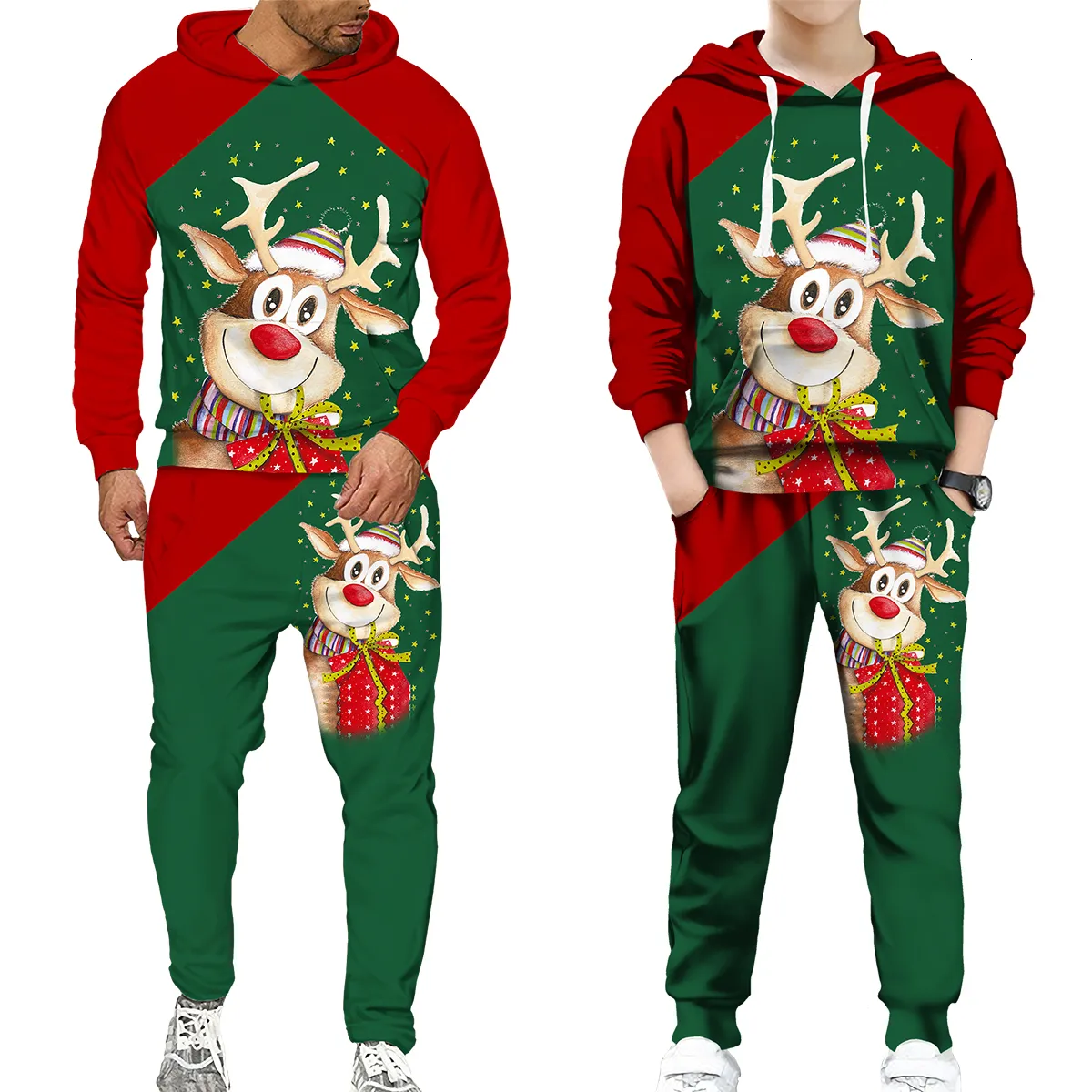 Mens Tracksuits Family Matching Santa Claus Elk HoodieSuits Xmas Year Sweatshirt Pants Set Christmas Party Outwear Adult Kids Clothing Suit 221128