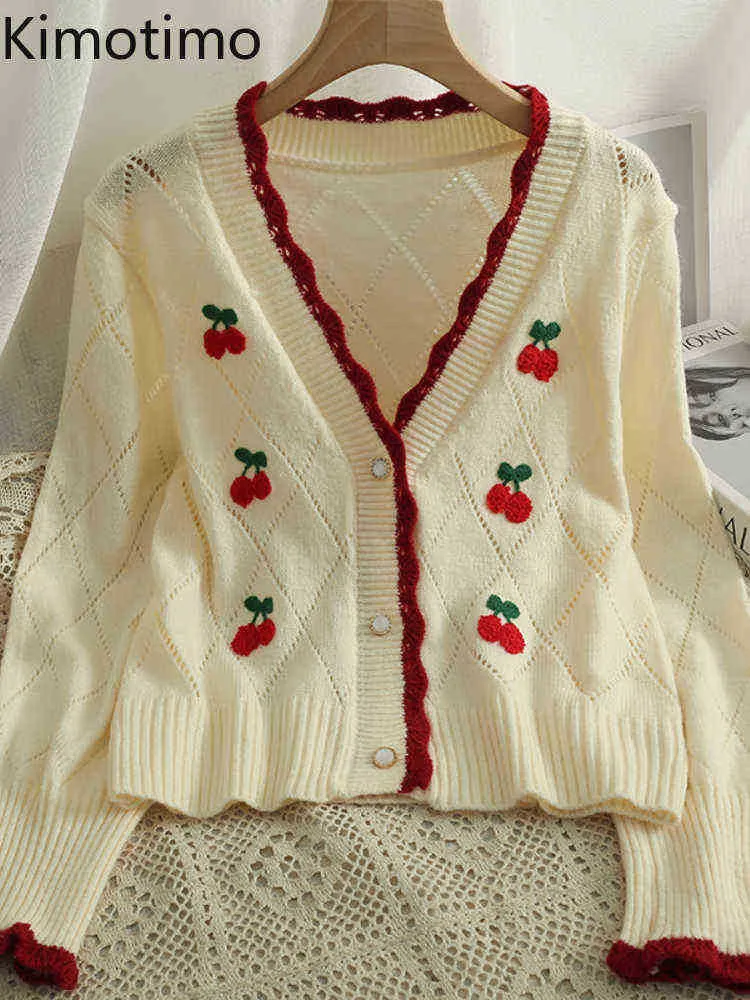 Women's Sweaters Kimotimo Women Cherry Embroidery Knitted Vest 2022 Autumn Argyle Wave Edge Neck Sweater Korean In Sweet Long Sleeve Vests J220915
