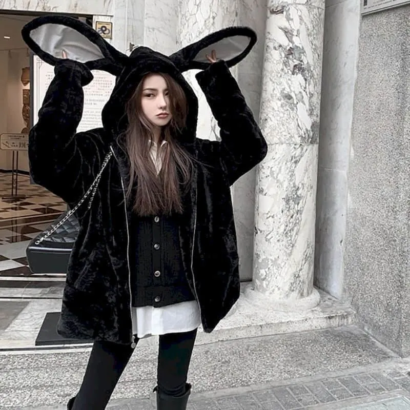 Women s Fur Faux Women Jacket Female Tops Thick Mid length Cute Hooded Winter Rabbit Ears Rex Bigh Coat Soft Girl 221128