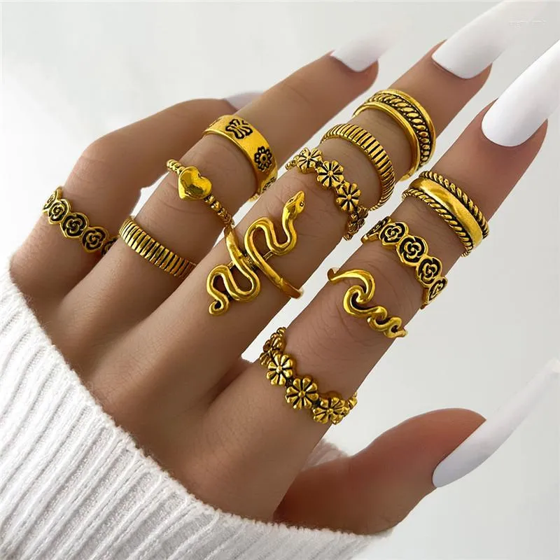 Cluster Rings Modyle 12pcs/set Luxury Snake Set For Women Punk Vintage Gold Color Metal Heart Flower Ring Female Jewelry Anillos