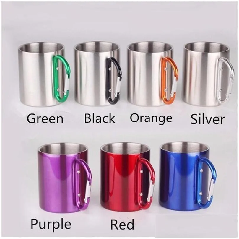 in stock wholesale 220ml outdoor stainless steel coffee mug travel camping cup carabiner aluminium hook double wall camp equipment 115