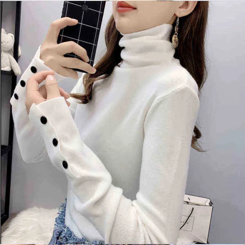 Kadın Sweaters Kaplumbağa Boyun Kadın Kazak 2022 Sonbahar Kış Koreli Moda İnce Sweater Temel Üstler Y2K Yumuşak Örgü Sweaters Düğmesi Uzun Kollu J220915