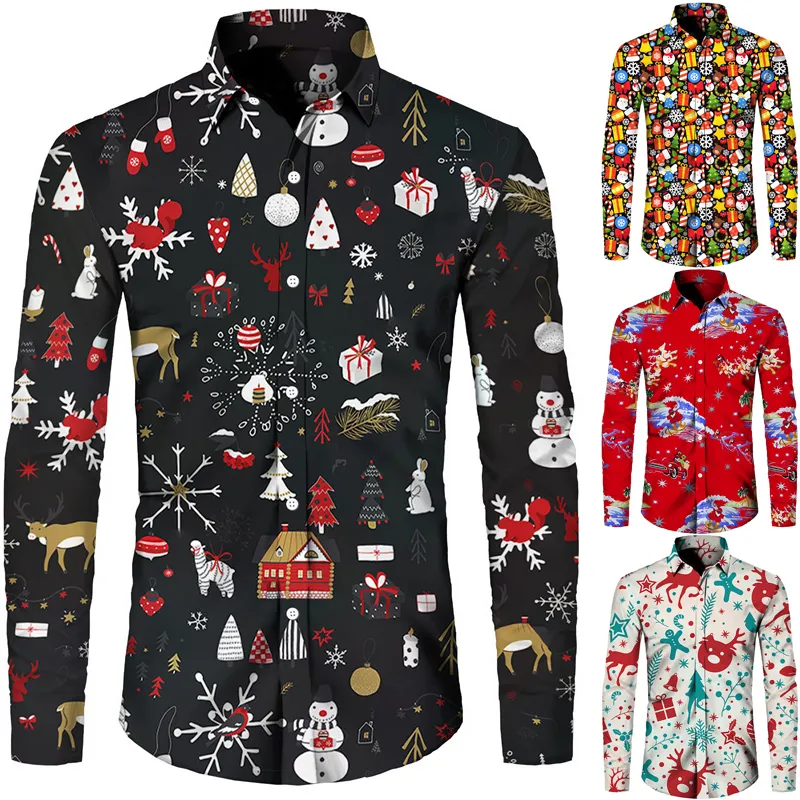 Men s Casual Shirts Funny Christmas Theme 3D Print Butttton Long Sleeve Streetwear Tops Unisex Holiday Party Chic Hawaiian Shirt 221128