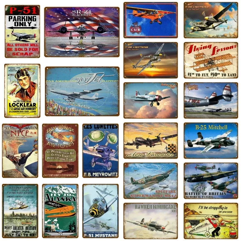 American Classic Airplane Fighter Metal Painting Aircraft Plane Wall Sticker Vintage Art Painting Poster Bar Room Home Decor 20cmx30cm Woo