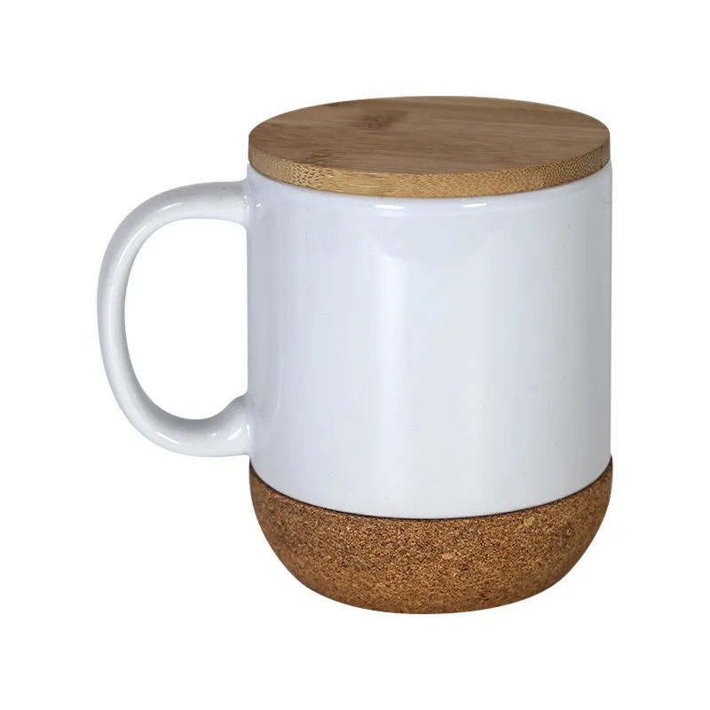 Sublimering kaffemugg med bambu lock botten termisk ￶verf￶ring keramisk muggar sublimerad vatten kopp med handtag A02